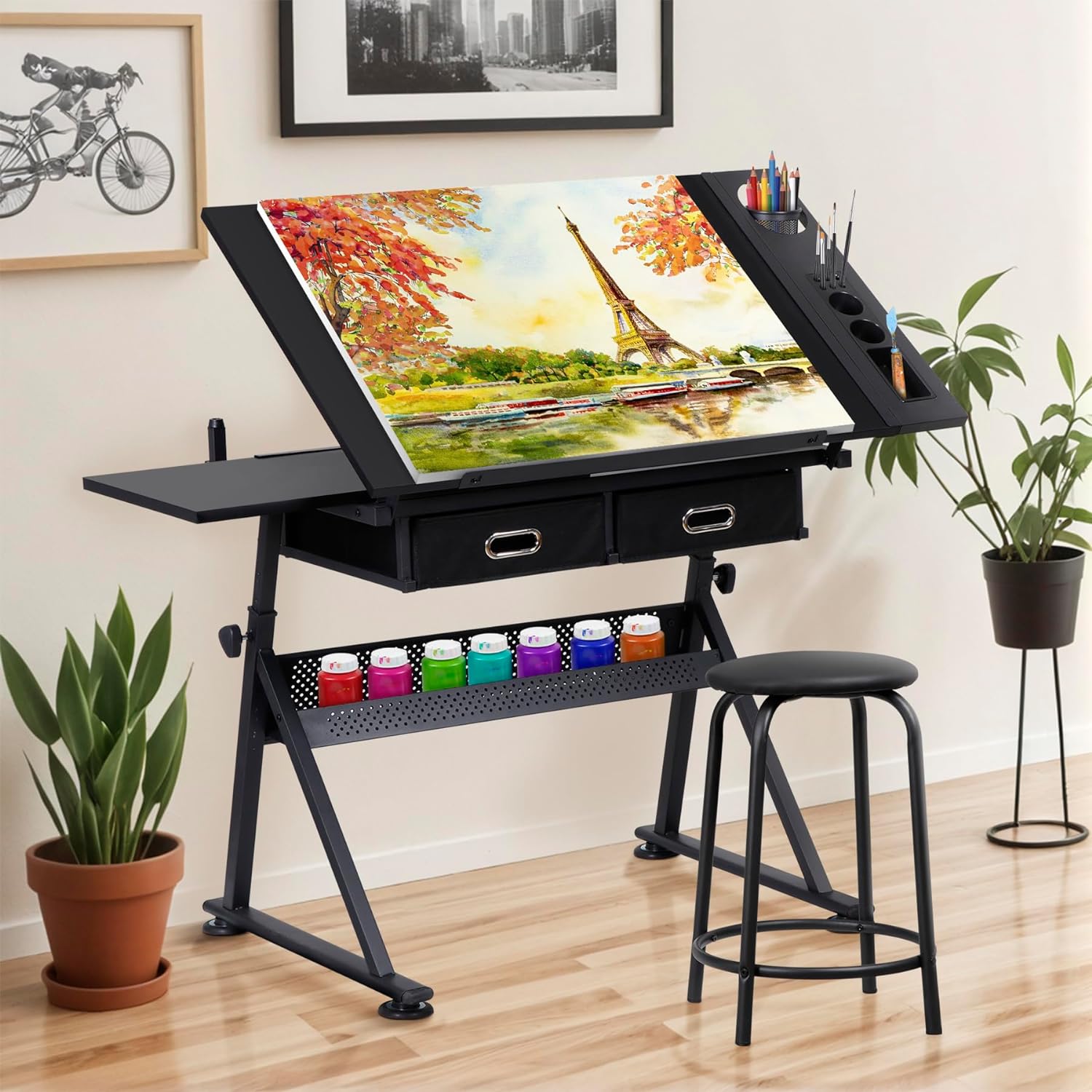 LEMY Drafting Table Art Desk, Height Adjustable Drawing Table Tilting Tabletop Work Station with Stool and Storage Drawer for Home, Office, Writing, Black