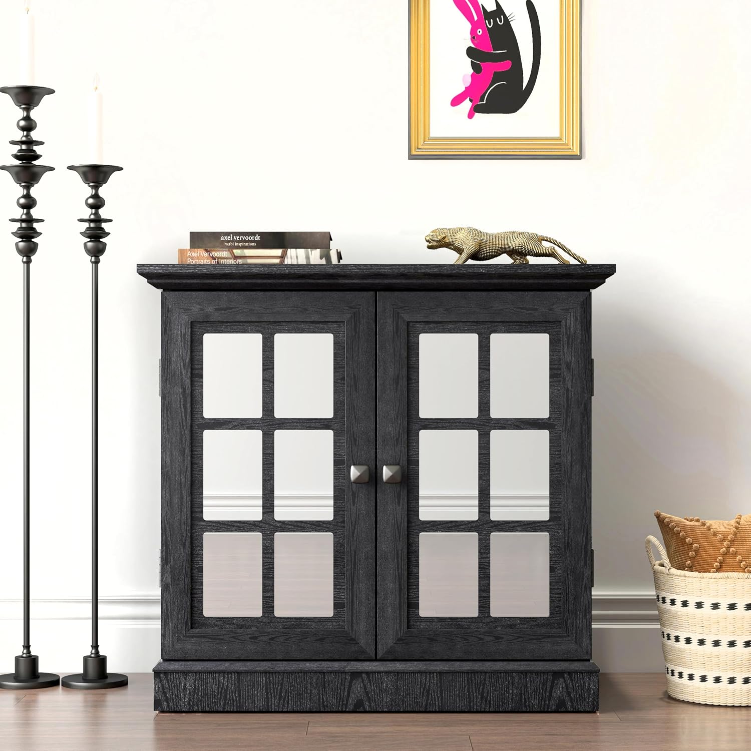 Storage Sideboard Cabinet with Mirrored Doors, Modern Buffet Cabinet w/Adjustable Shelf, MDF Console Cabinets for Dining Room, Living Room, Kitchen, Wood Kitchen Pantries Sideboard Buffet.