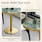 31.5" Round Tulip Table for 2-4, 1.2" Thick Emerald Forest Sintered Stone Top (Natural Stone Look) & Brushed Gold Frame, Modern Luxury Dining Table for Small Apartment, Patio, Sunroom