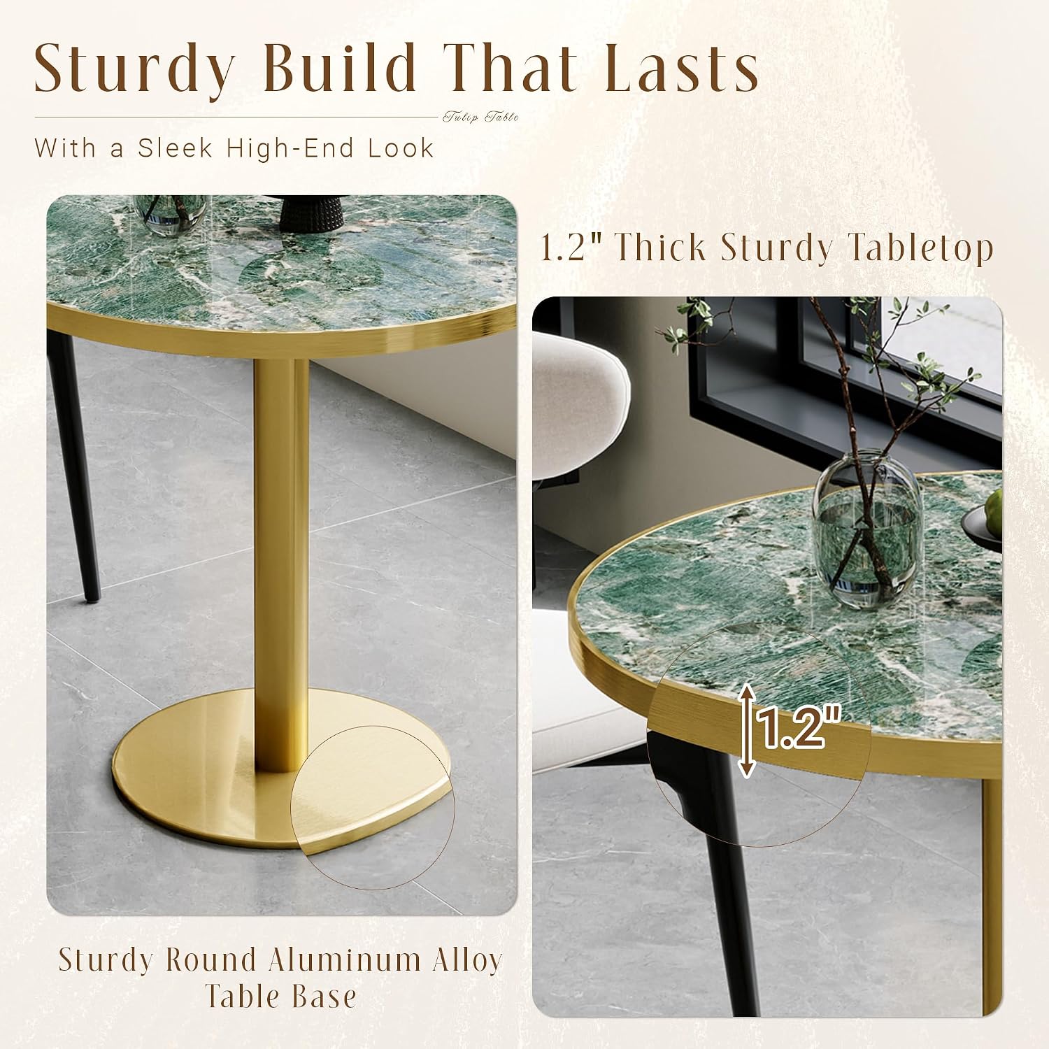 31.5" Round Tulip Table for 2-4, 1.2" Thick Emerald Forest Sintered Stone Top (Natural Stone Look) & Brushed Gold Frame, Modern Luxury Dining Table for Small Apartment, Patio, Sunroom