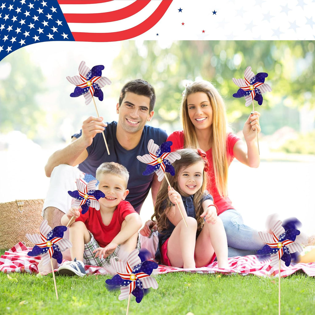 HOOSUN 12 Pcs Patriotic Pinwheels for Yard and Garden Patriotic Decorations,American Flag Pinwheels to Scare Birds Away,Red White and Blue Decorations Reflective Wind Spinners,Veterans Day Decorations