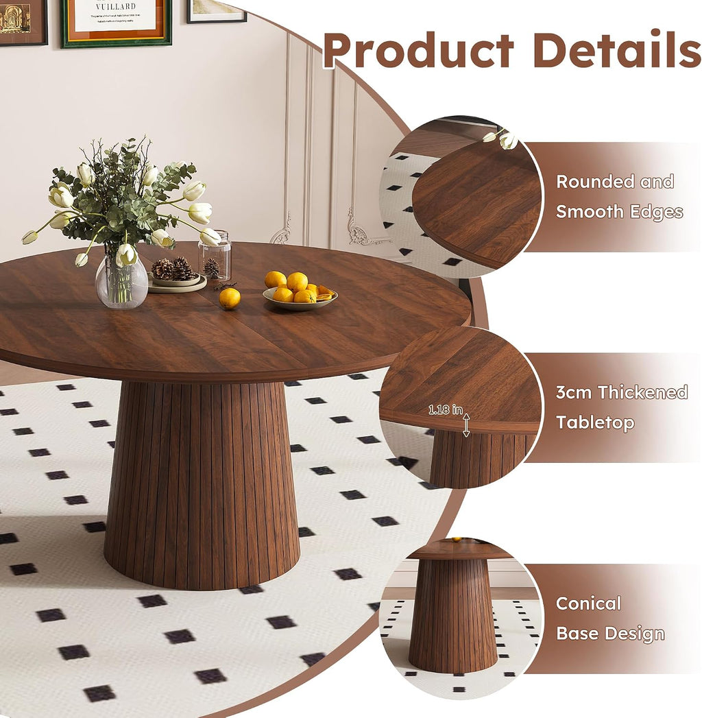 Round Dining Room Table, Farmhouse Kitchen Table with Wood Strip Base, 47.2“ Circle Table with Walnut Veneer Finish, Easy Assembly