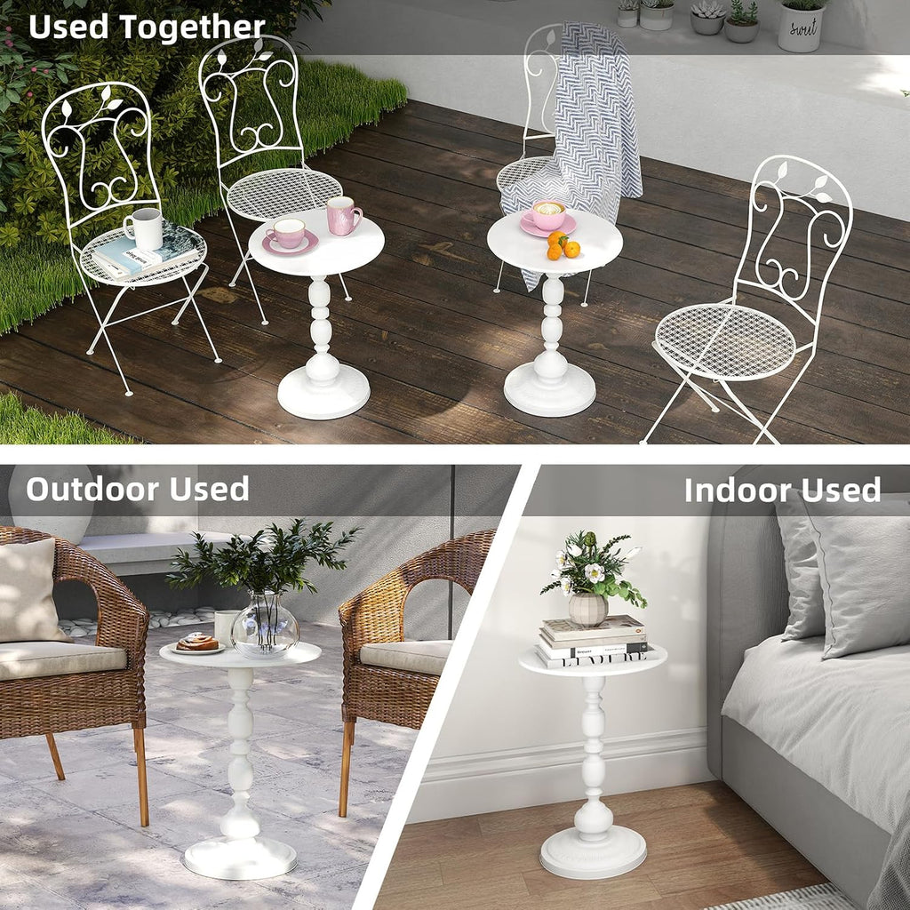 White Side Tables Set of 2 with Metal Pedestal Round End Tables for Small Spaces Living Room Bedroom or Patio Outdoor