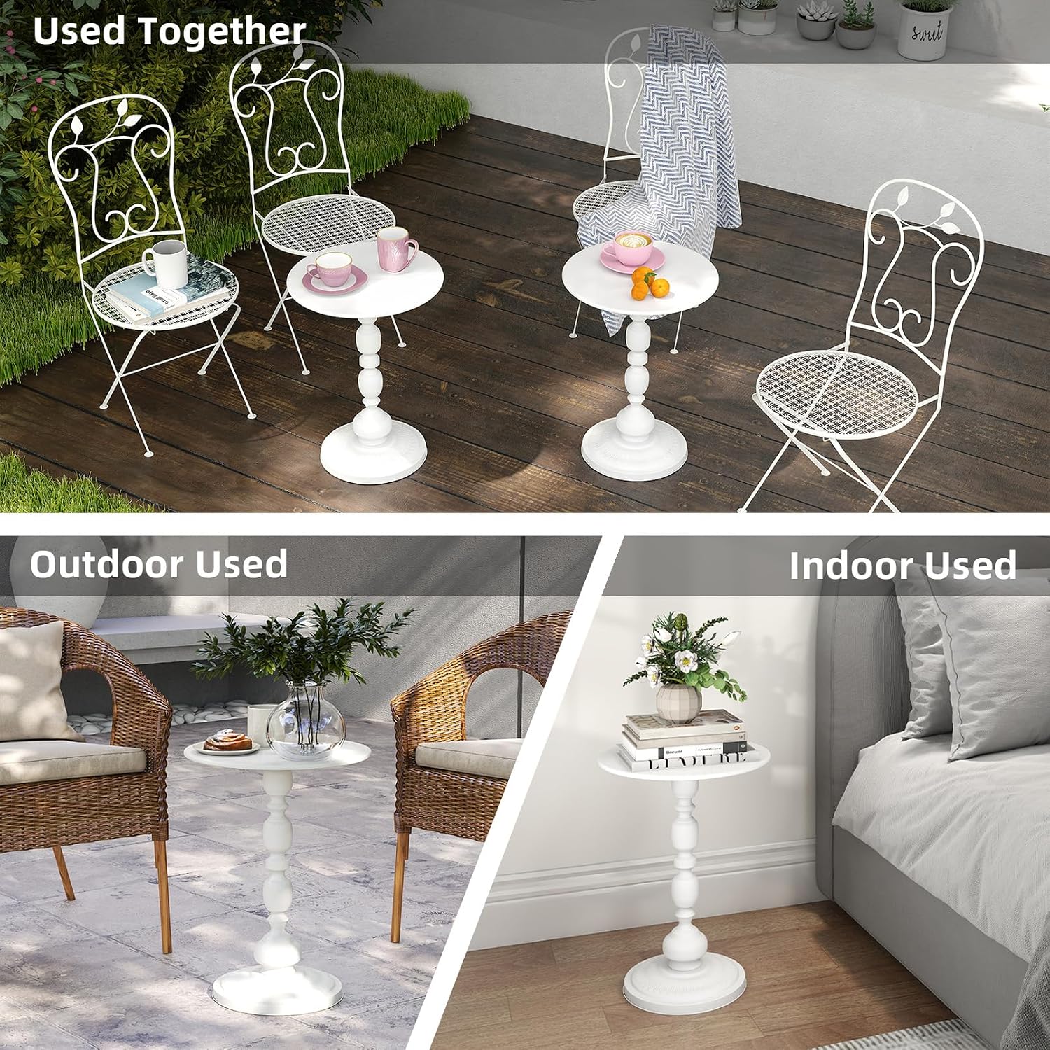 White Side Tables Set of 2 with Metal Pedestal Round End Tables for Small Spaces Living Room Bedroom or Patio Outdoor