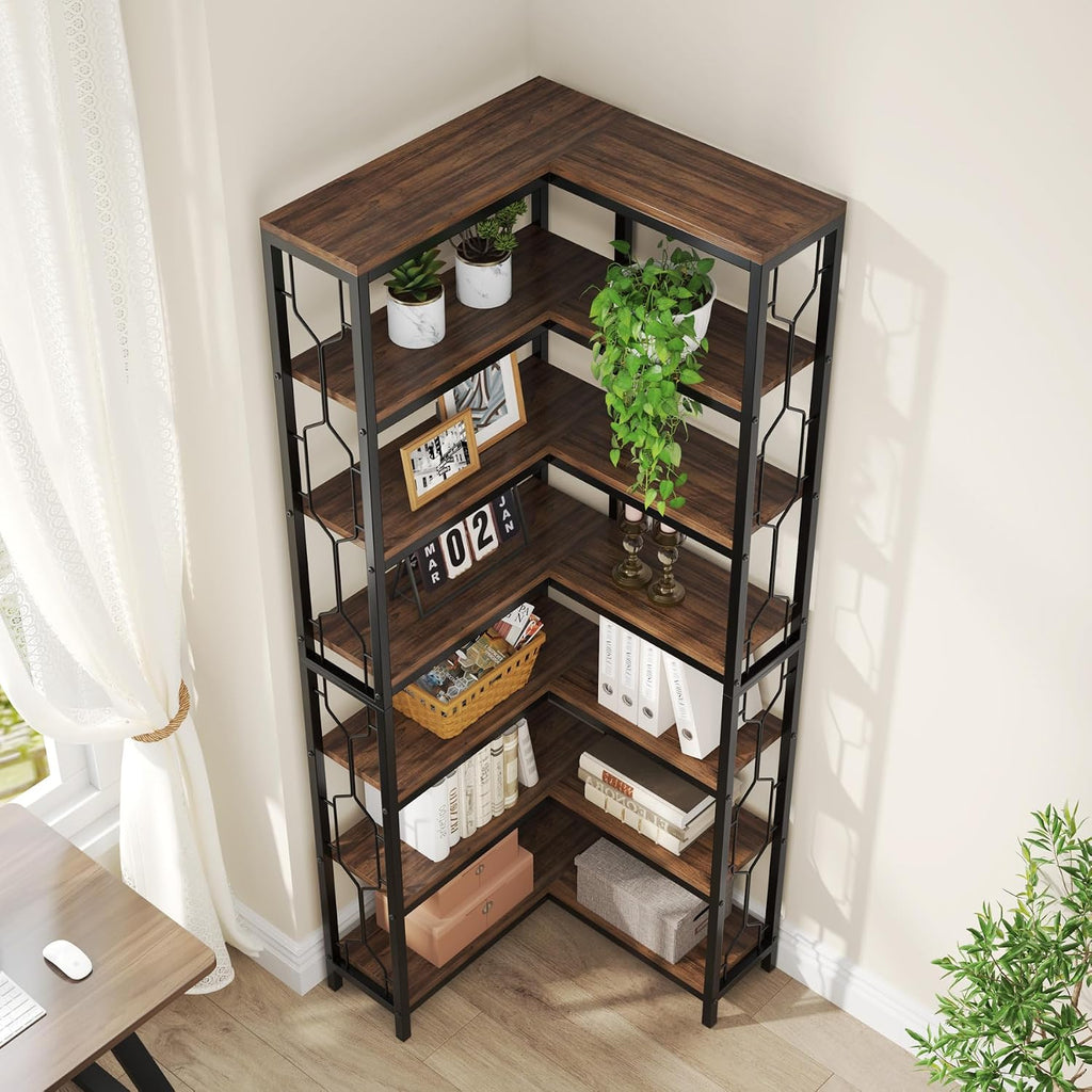 Tribesigns Corner Shelf, 7-Tier Industrial Corner Bookshelf and Bookcase | Freestanding Display Shelf for Living Room, Wood and Metal Corner Book Shelves, Corner Bookcase for Home Office, Rustic Brown