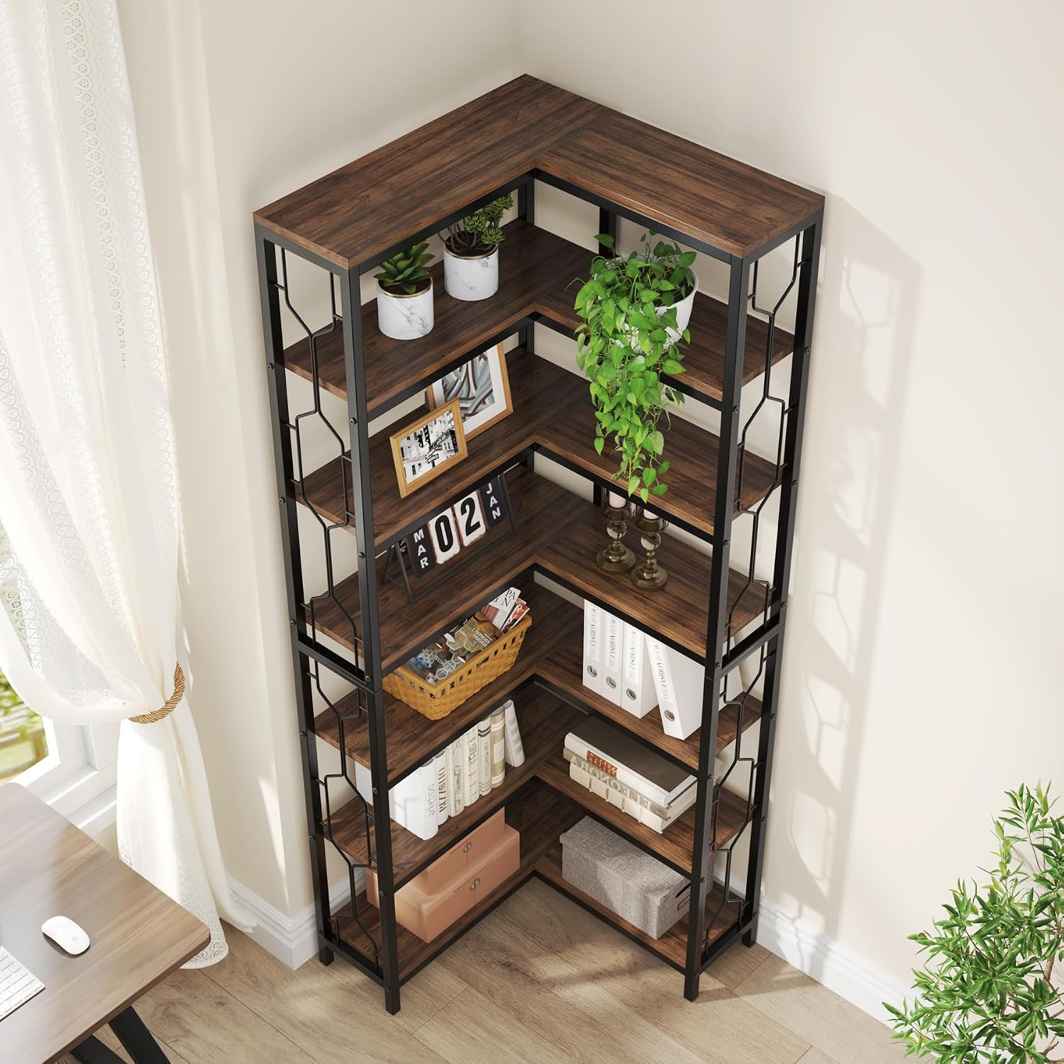 Tribesigns Corner Shelf, 7-Tier Industrial Corner Bookshelf and Bookcase | Freestanding Display Shelf for Living Room, Wood and Metal Corner Book Shelves, Corner Bookcase for Home Office, Rustic Brown