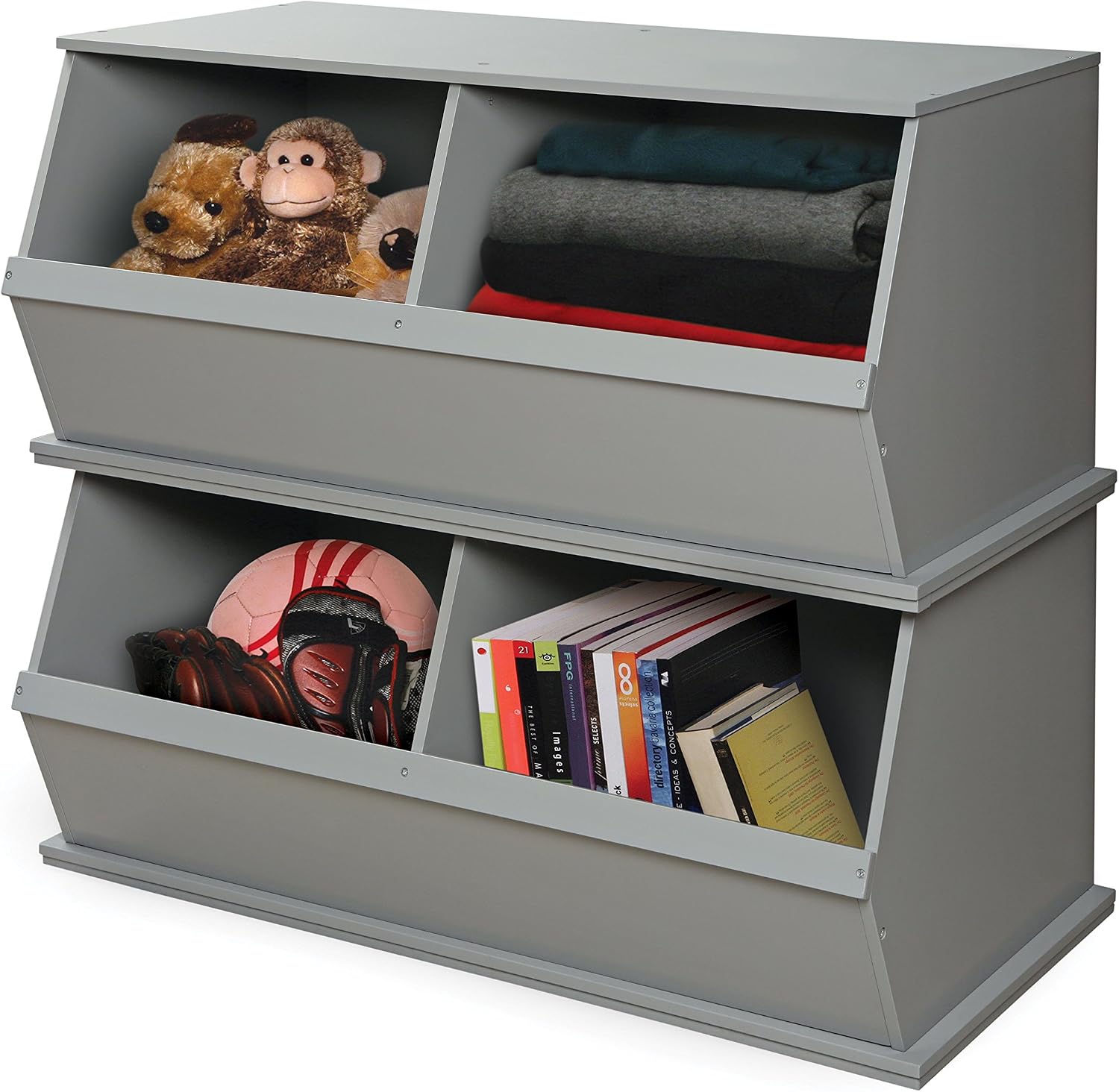 Badger Basket Two Bin Stackable Toy Storage Cubby Organizer – Modular Storage for Toys, Books, and Crafts – Solid Wood Panel – Gray