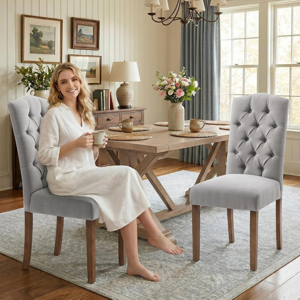 Tufted Upholstered Parsons Dining Chair Set Fabric Diner Accent Stylish Modern Kitchen Living Room with Button Sturdy Solid Wood Legs, 6-Pack