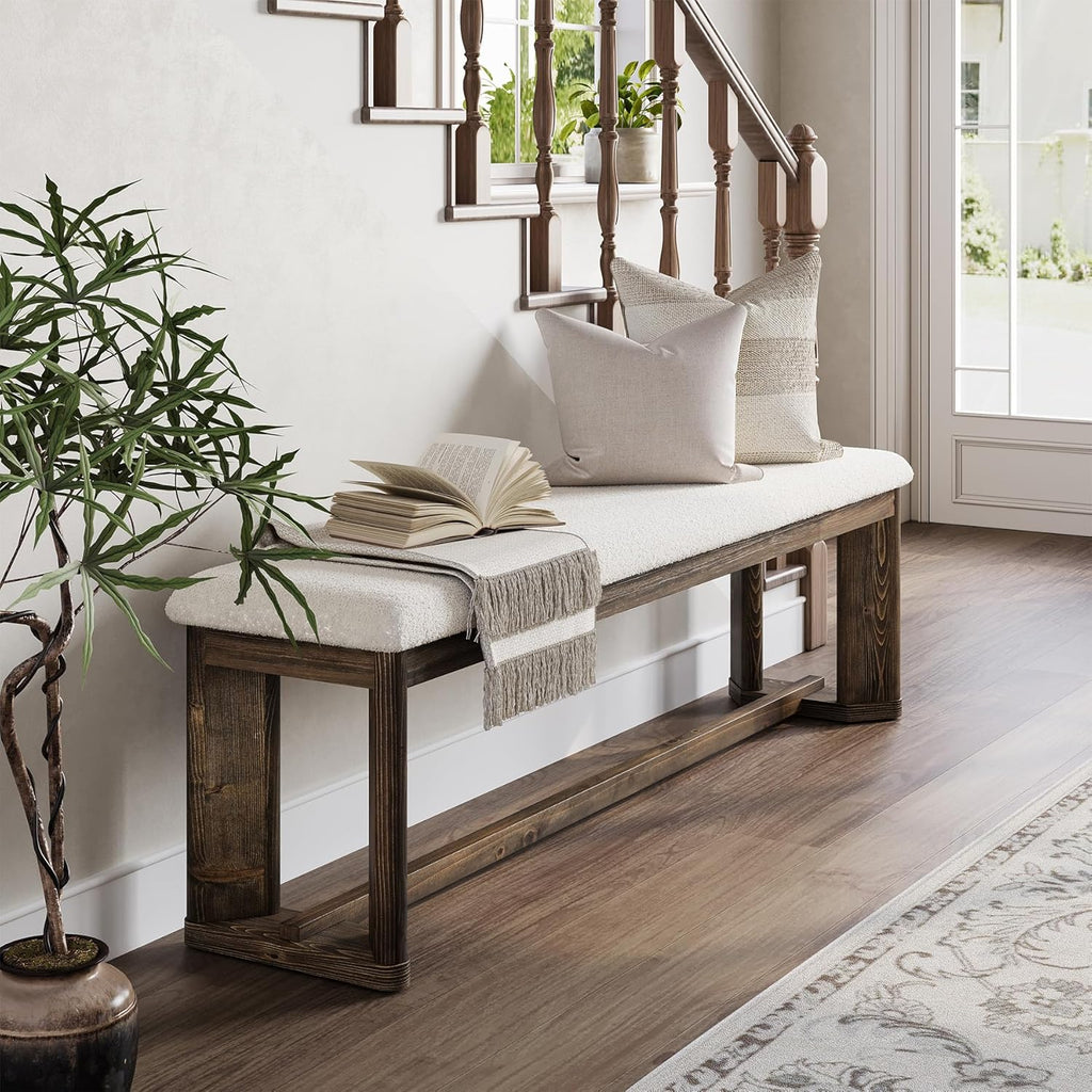 LITTLE TREE 63" Upholstered Bench, Solid Wood Entryway Shoe Bench with Cushion, Long Modern Farmhouse End of Bed Bench with Antique Brown Legs & Faux Lamb Fur Seat for Bedroom, Living Room, Dining