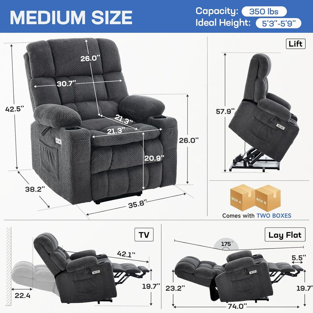 Tami Tami Dual Motor Power Lift Chair Recliner for Elderly with Massage and Heat, Infinite Position Electric Lift Recliner with Adjustable Headrest, USB (T6015 - Plush Fabric, Dark Gray, Medium)
