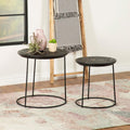 20" Sturdy Metal Frame Nesting Coffee Table, Boo Coffee Table with Embossed Tribal Pattern, Nesting Side Tables with Mango Wood top for Modern Indoor Spaces, Black