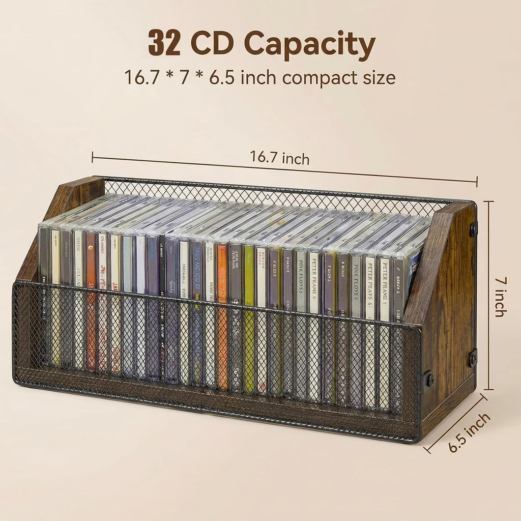 CD Storage Rack, Wooden CD Organizer Holds 32 CDs, Retro CD Shelf for Desktop, Perfect for DVD, Blu ray & Video Game Cases, Space Saving