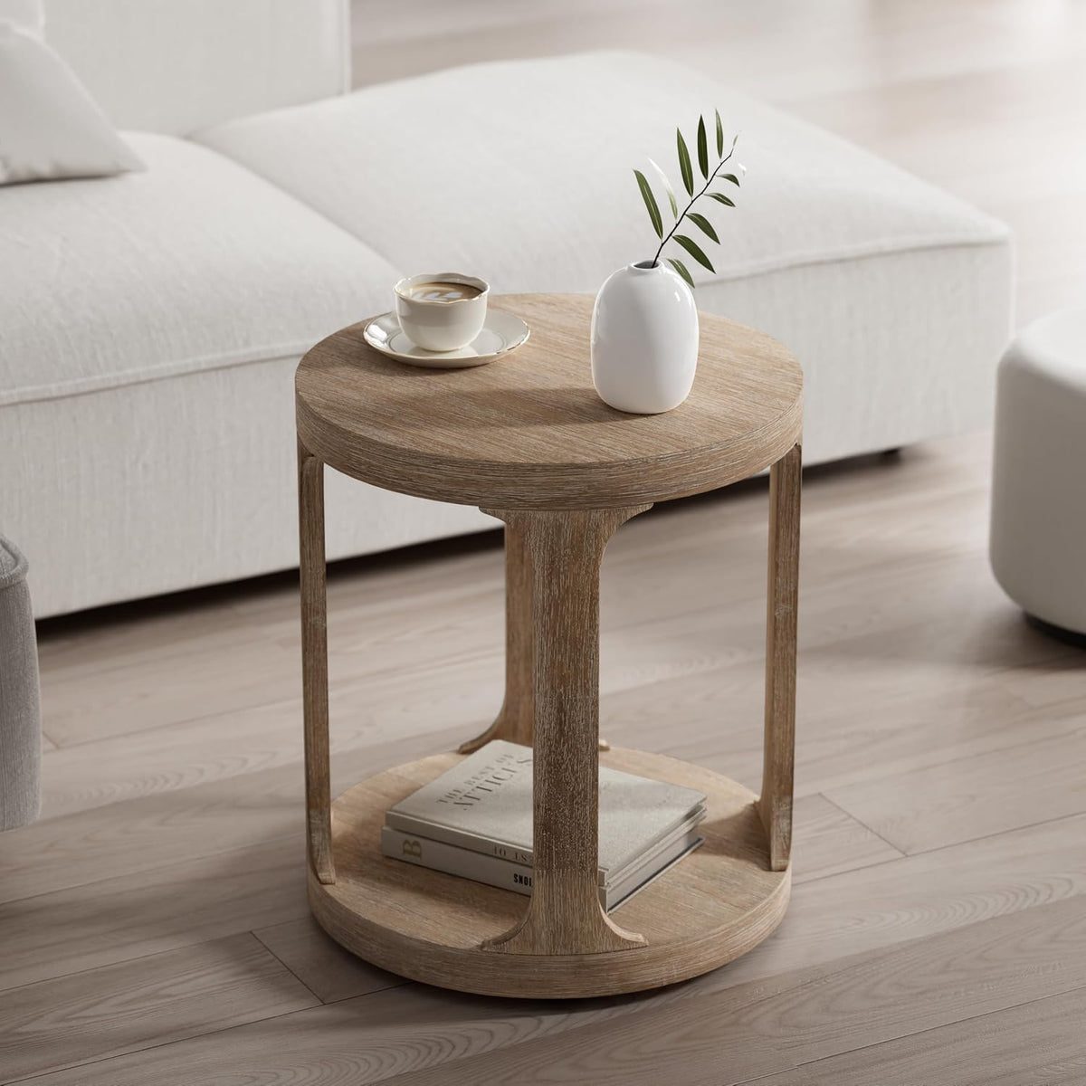 COZAYH Farmhouse Small End Table Wood Round Side Table for Small Space Rustic Pedestal Table for Living Room, Office, Couch, Distressed Wood Grey Finish