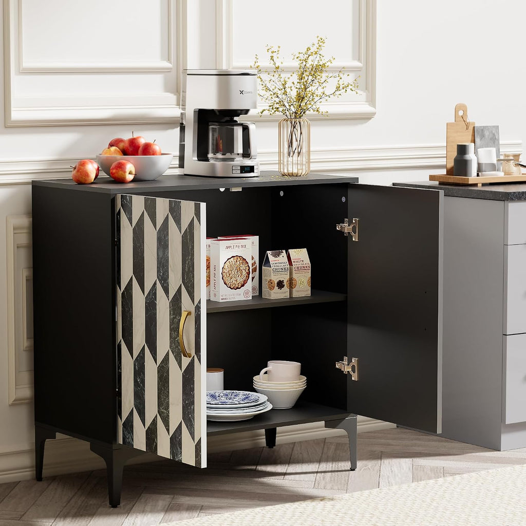 Anbuy Faux Marble Doors Sideboard Buffet Cabinbet with Storage Dining Room Buffet Cupboard Console Table Hallway, Liquor/Accent Cabinet/Geometric Cabinet, 30.7 X 15.75X 31.5 Inches(Black)