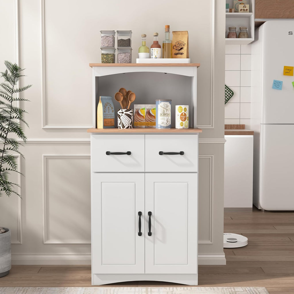 49.4" H White Kitchen Pantry Cabinet with 2 Doors & 2 Drawers, Freestanding Microwave Cabinet with Adjustable Shelf & Cable Hole, Wooden Storage Hutch for Kitchen, Dining Room