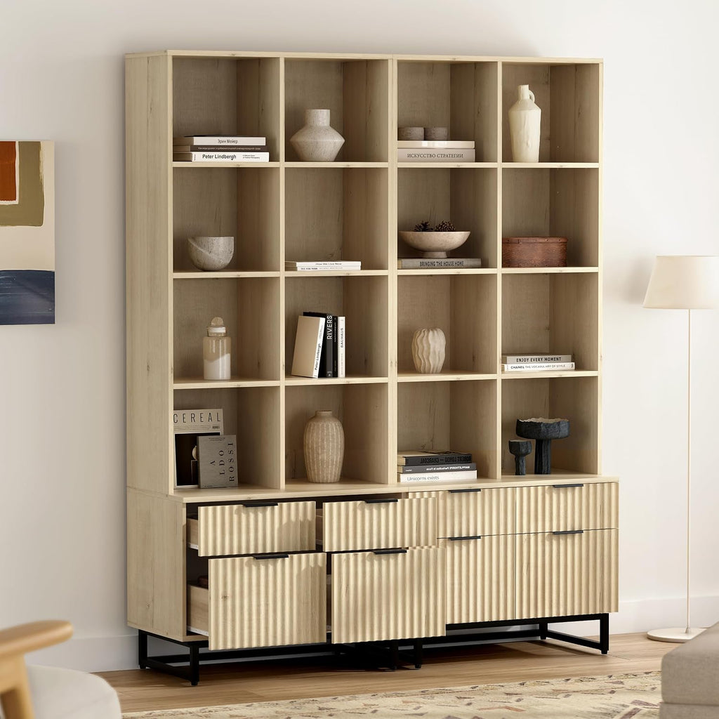 71" Tall Fluted Kitchen Pantry, Mid Century Modern Storage Cabinet with Drawers and Adjustable Shelves 6 Tier Display Bookshelf Cupboard for Dining Room Living Room Home Office, Light Oak