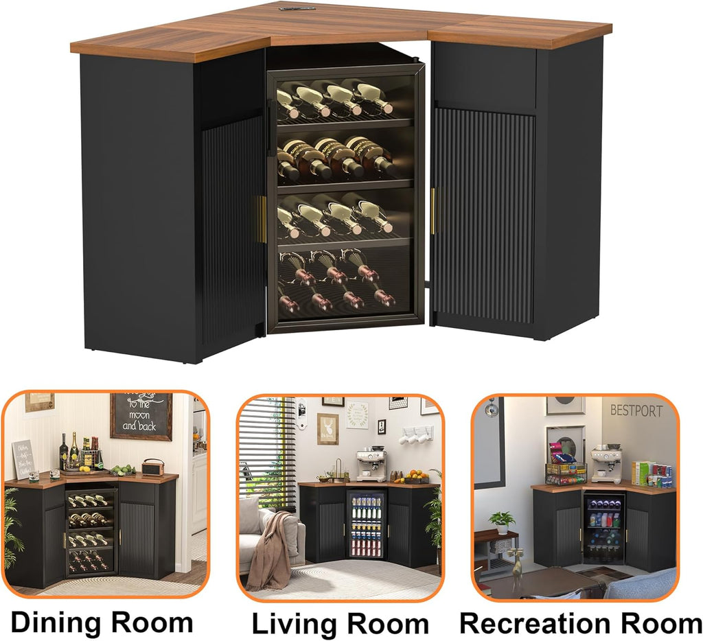 GDLF Corner Coffee Bar with Fridge Space, L Shaped Liquor Cabinet,Black | L-Shaped Countertop, Wine Glass Rack, Adjustable Shelves, Drawer Storage, Power Outlet, Coffee Station for Home & Kitchen