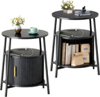 DHH Round End Tables Set of 2 & Charging Station, Fluted Accent Side Table with Sliding Door, Mid-Century Modern Nightstand Set of 2 for Small Space Storage, Living Room, Bedroom,Sofa Couch(2, Black)