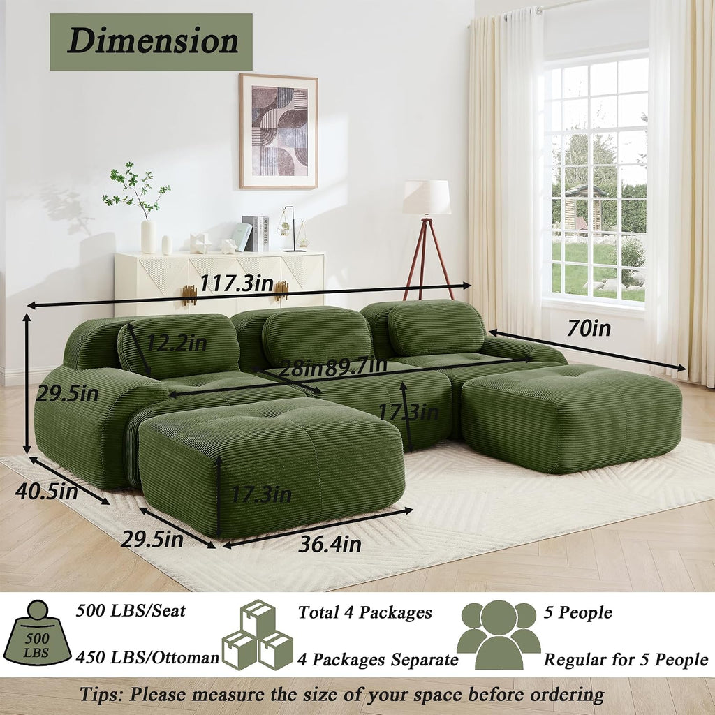 Modular Sectional Sofa Couch, U Shaped Sectional Couches for Living Room, Oversized Cloud Couch with Deep Seat and Ottoman, Comfy Corduroy Upholstery Green Couches, No Assembly(3S+2O)