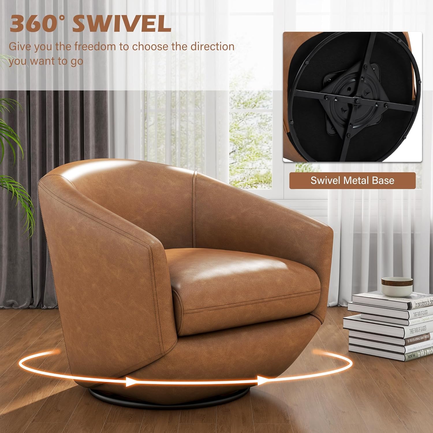 360° Swivel Barrel Accent Chair, PU Leather Upholstered Club Armchair for Living Room, Modern Round Arm Chair Single Sofa Bedroom Reading Seating (Brown)