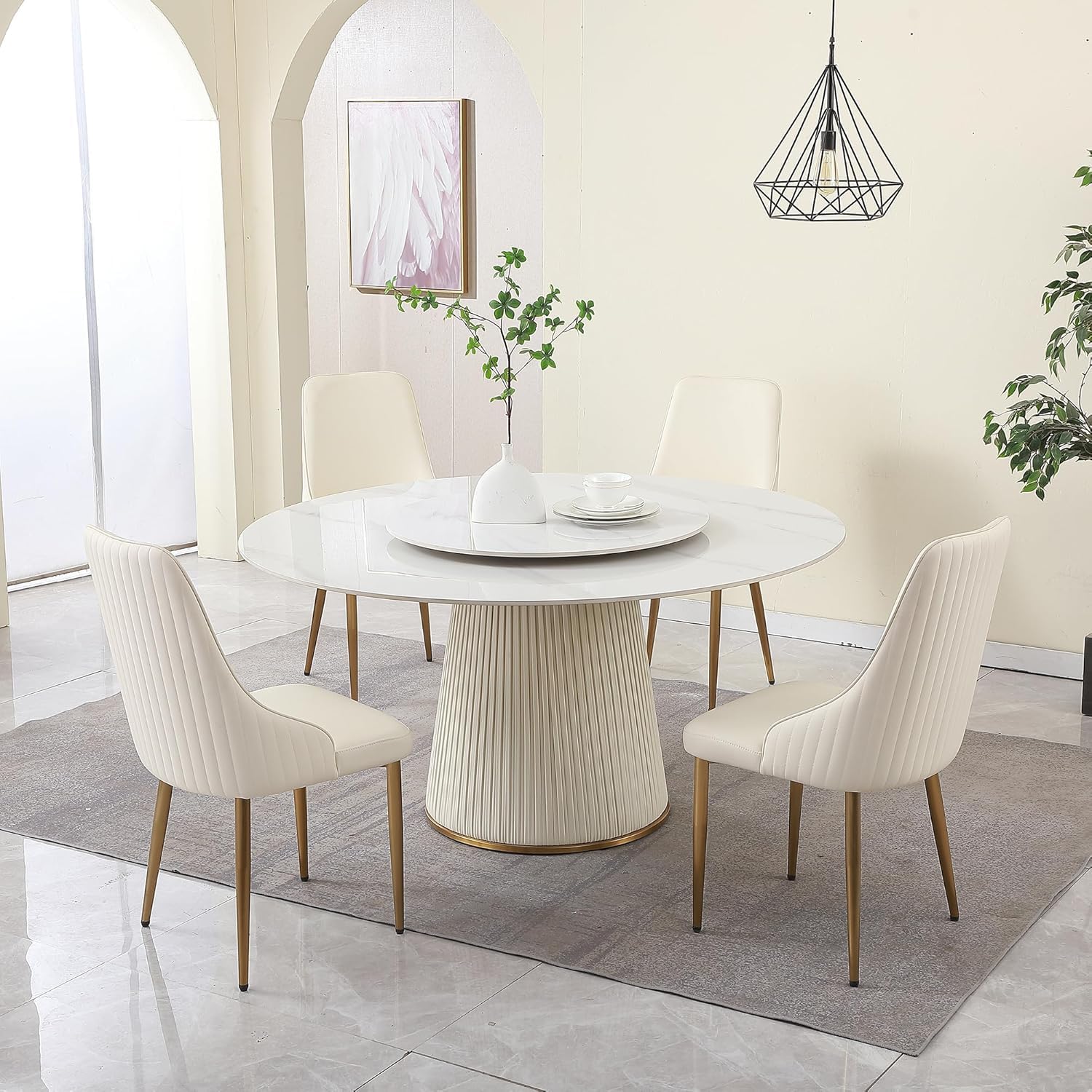 Round Marble Dining Table, Dining Table Faux Marble Stone Top Dining Room Set for 6-8 (White Tabletop, 59in Only Table with Lazy Susan)