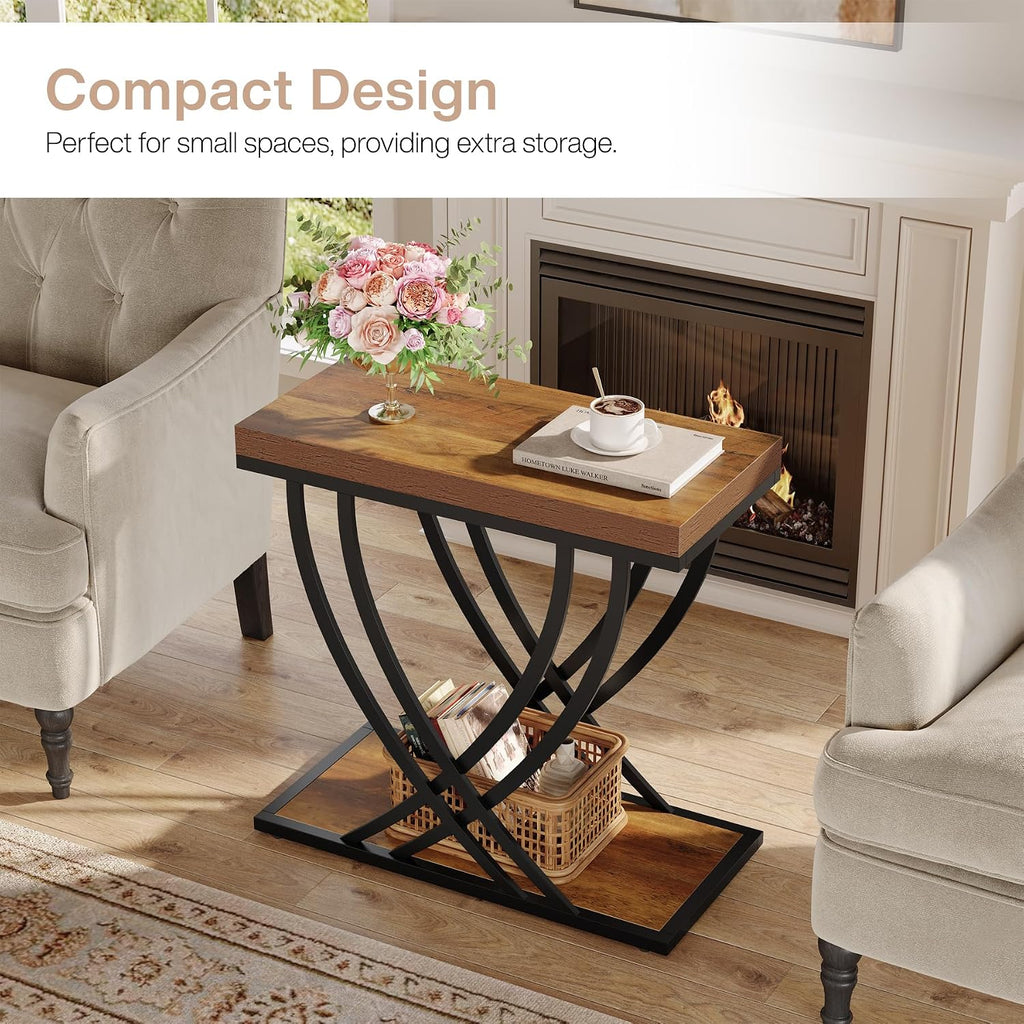 Tribesigns Side Table, 2-Tier Narrow End Table for Living Room, Industrial Nightstand with Metal Frame, Small Bedside Tables for Bedroom, Sofa Couch, Small Spaces, Rustic Brown