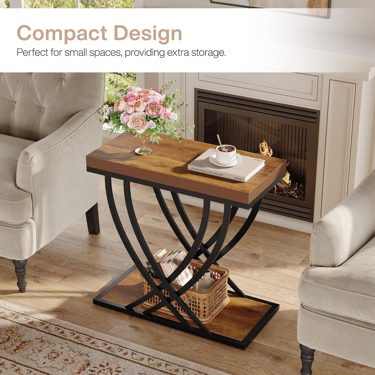 Tribesigns Side Table, 2-Tier Narrow End Table for Living Room, Industrial Nightstand with Metal Frame, Small Bedside Tables for Bedroom, Sofa Couch, Small Spaces, Rustic Brown