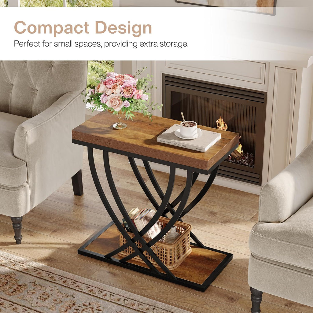 Tribesigns Side Table Set of 2, Narrow 2-Tier End Table for Living Room, Industrial Nightstand with Metal Frame, Small Bedside Tables for Bedroom, Sofa Couch, Small Spaces, Rustic Brown