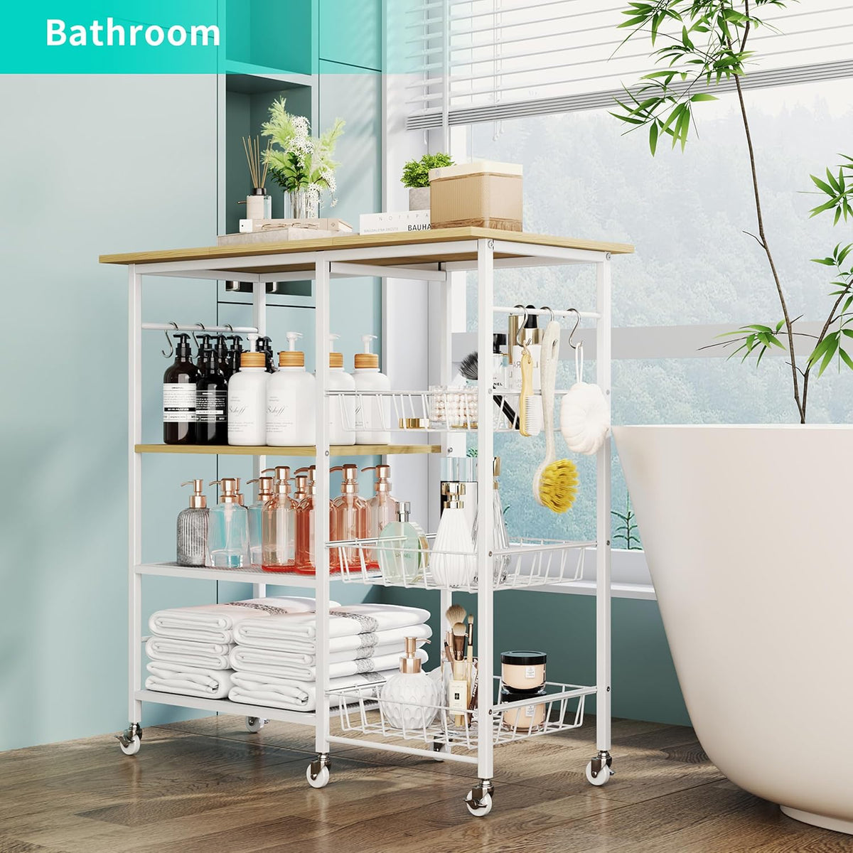 HapiRm Rolling Kitchen Microwave Cart - 4 Tier Microwave Table Stand with Pull-Out Baskets, Coffee Bar Baker's Rack with Wheels Rolling Storage Cart Organizer Shelf for Living Room Office, Balcony