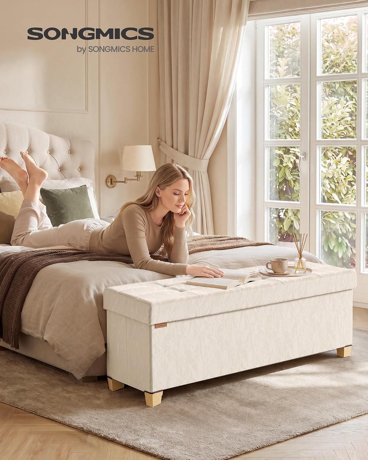 SONGMICS Storage Ottoman Bench, PU Leather Foldable Footrest, Padded Seat | Chest for Bedroom, 43.3 x 15 x 15.7 inches, Light Warm White, MINOTA Collection ULSF524WD01