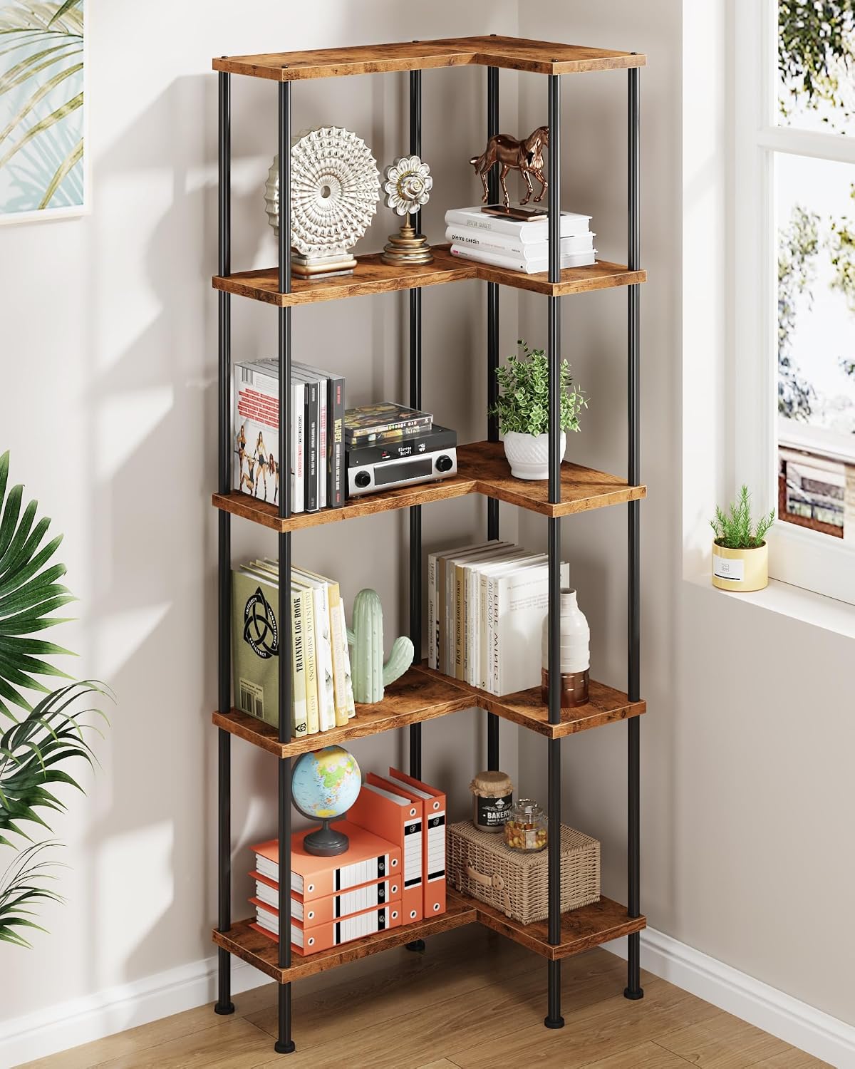 HIGDBFE 5-Tier L-Shaped Corner Bookshelf, 60" Tall Modern Corner Shelf