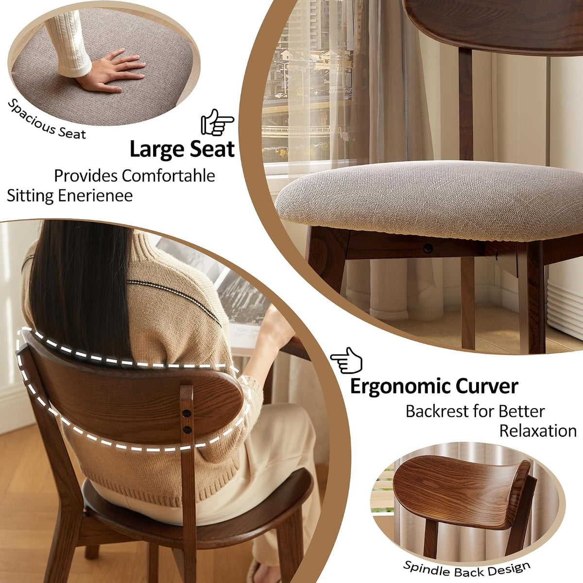 Modern Solid Wood Dining Chair Set of 4, Kitchen Dining Room Chair with Upholstered Cushion and Seat Cover, Curved Backrest, 100% FAS Grade North America Oak Wood, Walnut