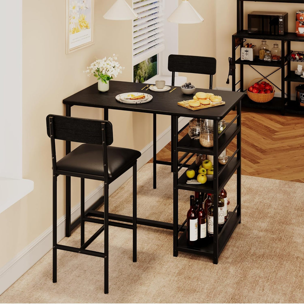 Bar Table and Chair Set with Three Shelves Small 2-Person Dining Table with 2 upholstered stools with backrests Suitable for Restaurants and bistros -Black