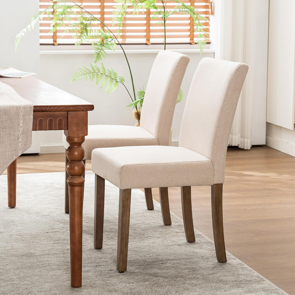 Rowill Modern Upholstered Dining Chairs Set of 2, Linen Fabric Side Dining Room Chair with Solid Wood Legs and Padded Seat for Home Kitchen/Restaurant, Beige