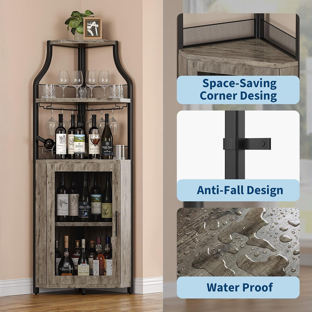 GAOMON Corner Wine Cabinet with Wine Rack and Glass Holder 5 Tier Modern Corner Wine Cabinet Corner Bar Cabinet Industrial Liquor Cabinets for Kitchen, Living Room, Dining Room,Grey