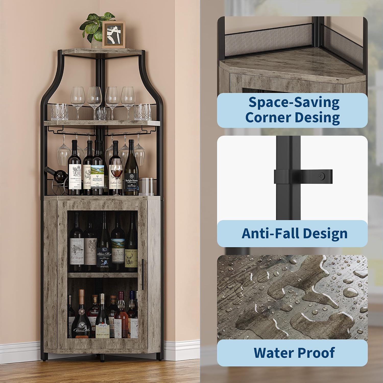 GAOMON Corner Wine Cabinet with Wine Rack and Glass Holder 5 Tier Modern Corner Wine Cabinet Corner Bar Cabinet Industrial Liquor Cabinets for Kitchen, Living Room, Dining Room,Grey