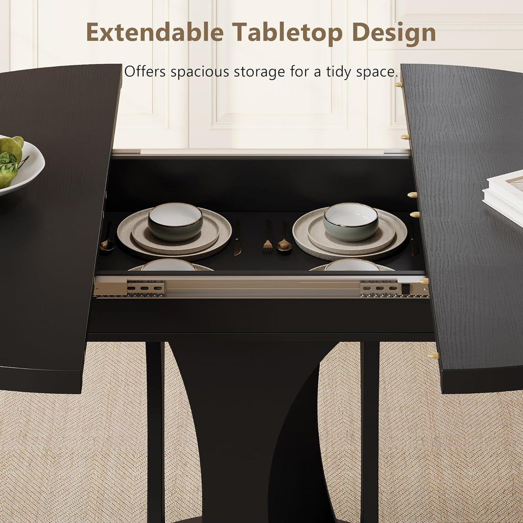 Einhomn 59" Extendable Round Dining Table for 6-8, Kitchen Table with Sturdy Double Arc Base & Backboard Clasp Desktop, Mid-Century Modern Dinner Table, Kitchen Dining Room, Space Saving, Black