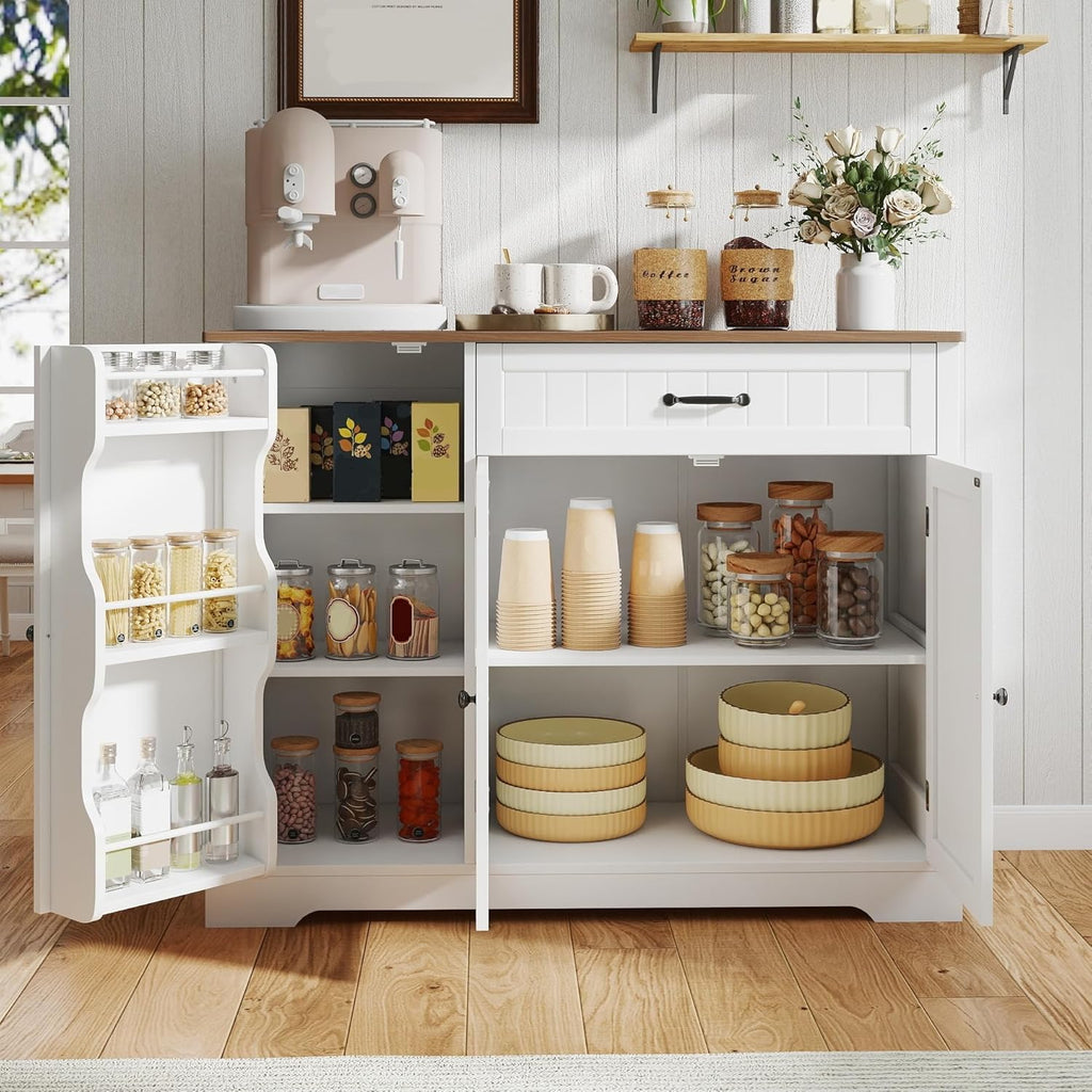 Kitchen Coffee Bar Cabinet with Storage, Sideboard Buffet with Drawers, Shelves and Door, Short Pantry Cabinet for Bathroom or Living Room, White Rustic