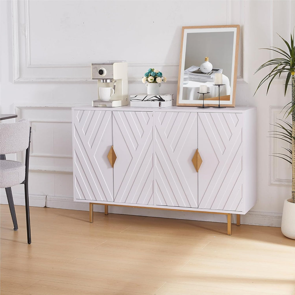 Sideboard Buffet Cabinets with Storage, Accent Storage Cabinets with Fluted Doors, Gold Metal Handle and Legs, Wood Console Table Credenza for Living Room, Entryway, White