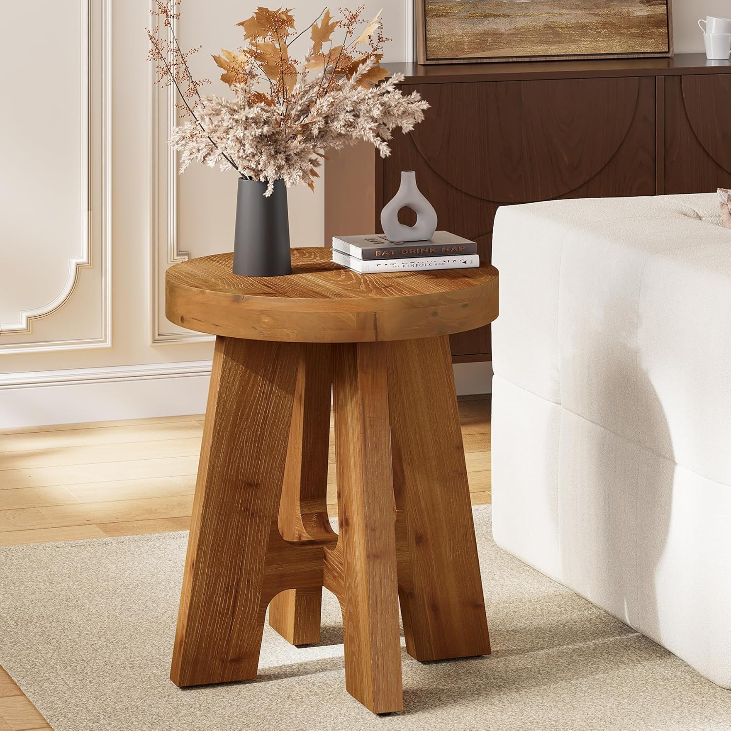 Round Side Table, Farmhouse Solid Wood End Table for Couch, Mid Century Modern Side Table with Heavy-Duty Legs, Small Bedside Table for Bedroom, Living Room, Walnut