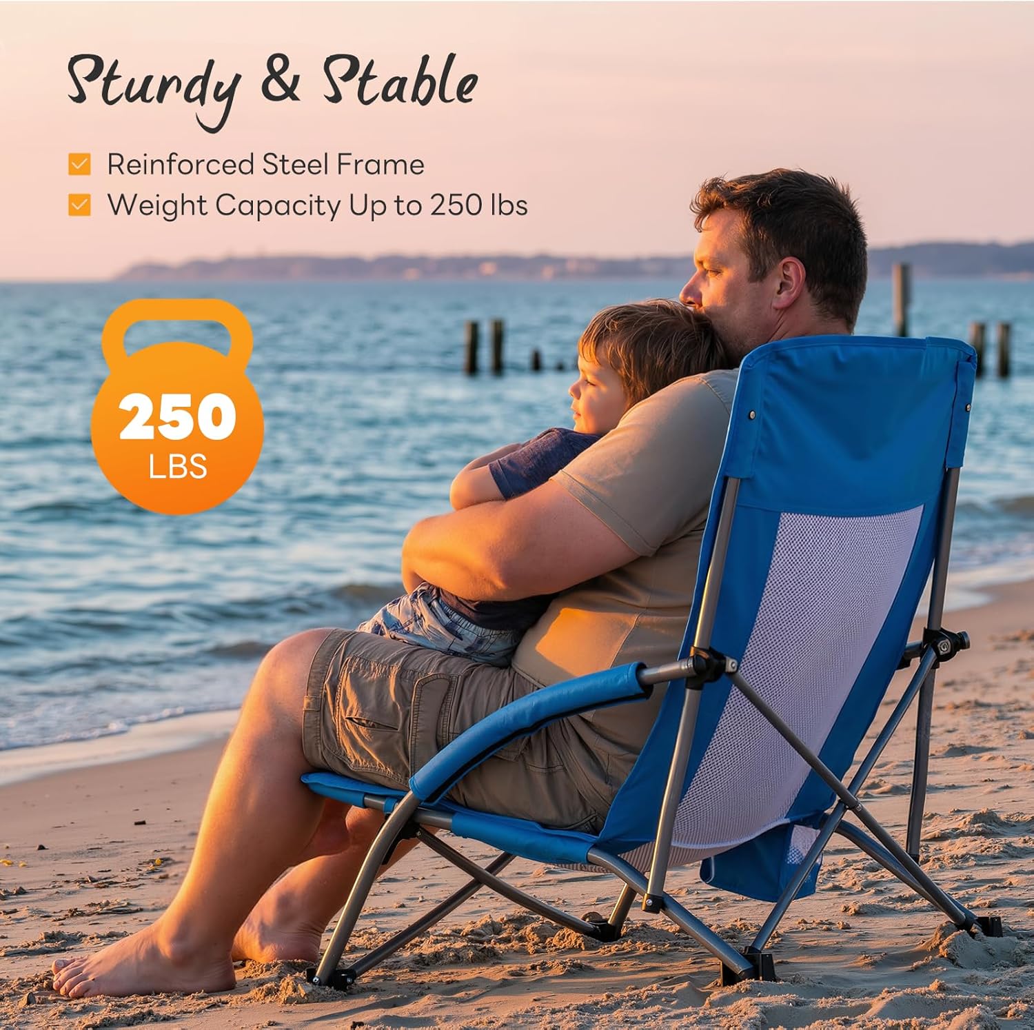 NEWBULIG Low Beach Chair – Folding Camping Chair for Adults, Low Profile Lawn Chair with Cup Holders & Carry Bag, Extra Wide Seat and High Back, Portable for Beach, Outdoors, Travel & Concerts, Blue