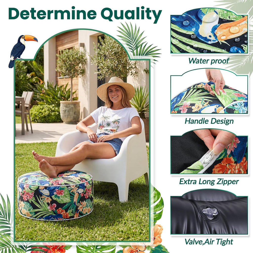 Cinnvoice 2 Pcs Inflatable Outdoor Ottoman Pouf Waterproof Round Footrest with Handle D21 x H9 Inch Indoor Outdoor Portable Footstool for Patio Garden Camping or Home Pool(Parrot)
