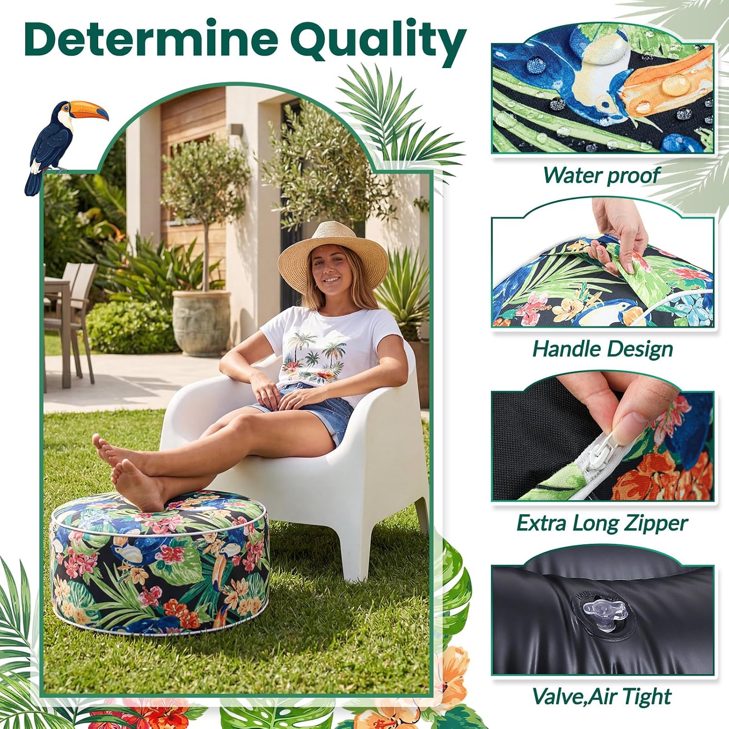 Cinnvoice 2 Pcs Inflatable Outdoor Ottoman Pouf Waterproof Round Footrest with Handle D21 x H9 Inch Indoor Outdoor Portable Footstool for Patio Garden Camping or Home Pool(Parrot)