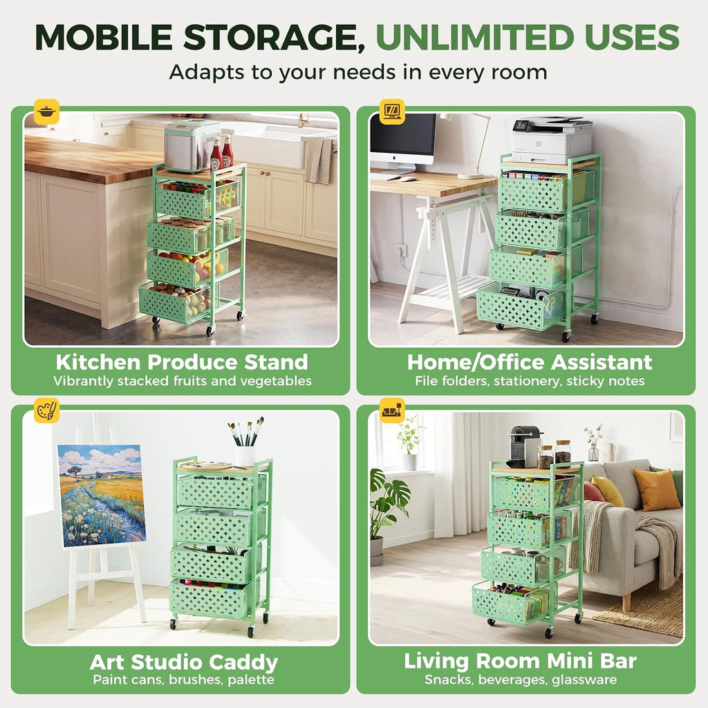 5 Tier Kitchen Storage Cart with Wheels, Utility Fruit Vegetable Storage Rack Stand with Pull-Out Baskets & Wood Top, Metal 4-Drawers Rolling Snack Cart, Kitchen Cart for Potato Onion(Green)