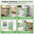 5 Tier Kitchen Storage Cart with Wheels, Utility Fruit Vegetable Storage Rack Stand with Pull-Out Baskets & Wood Top, Metal 4-Drawers Rolling Snack Cart, Kitchen Cart for Potato Onion(Green)