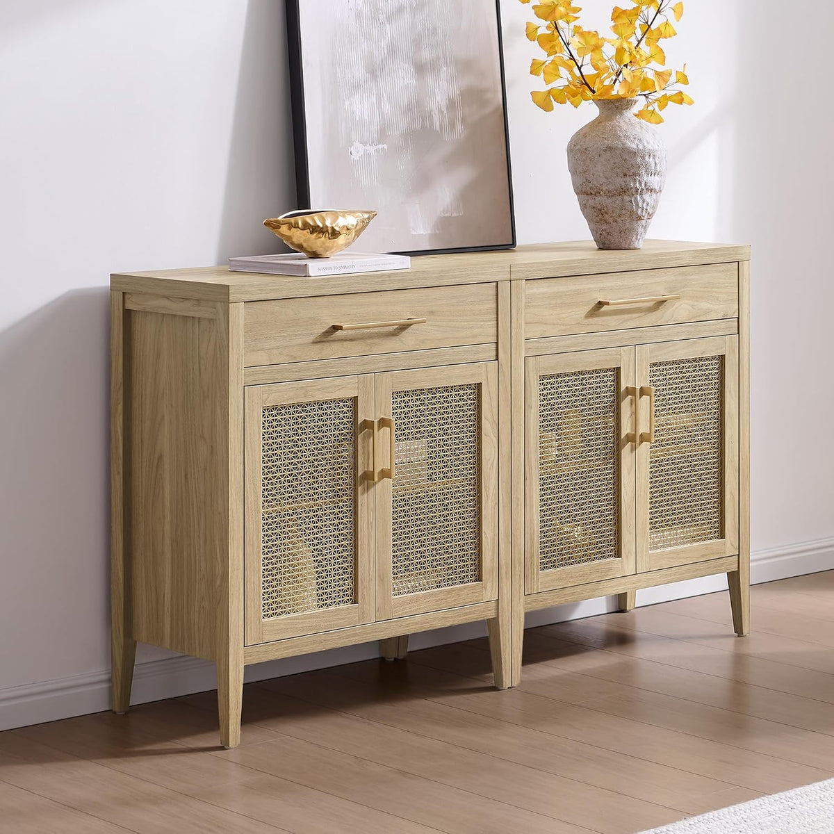SICOTAS 30" Kitchen Sideboard Buffet Cabinet with Storage, Modern Farmhouse Coffee Bar Table with Adjustable Shelf & Gold Mesh Doors, Storage Cabinet with Drawer for Living Room Entryway, Light Walnut