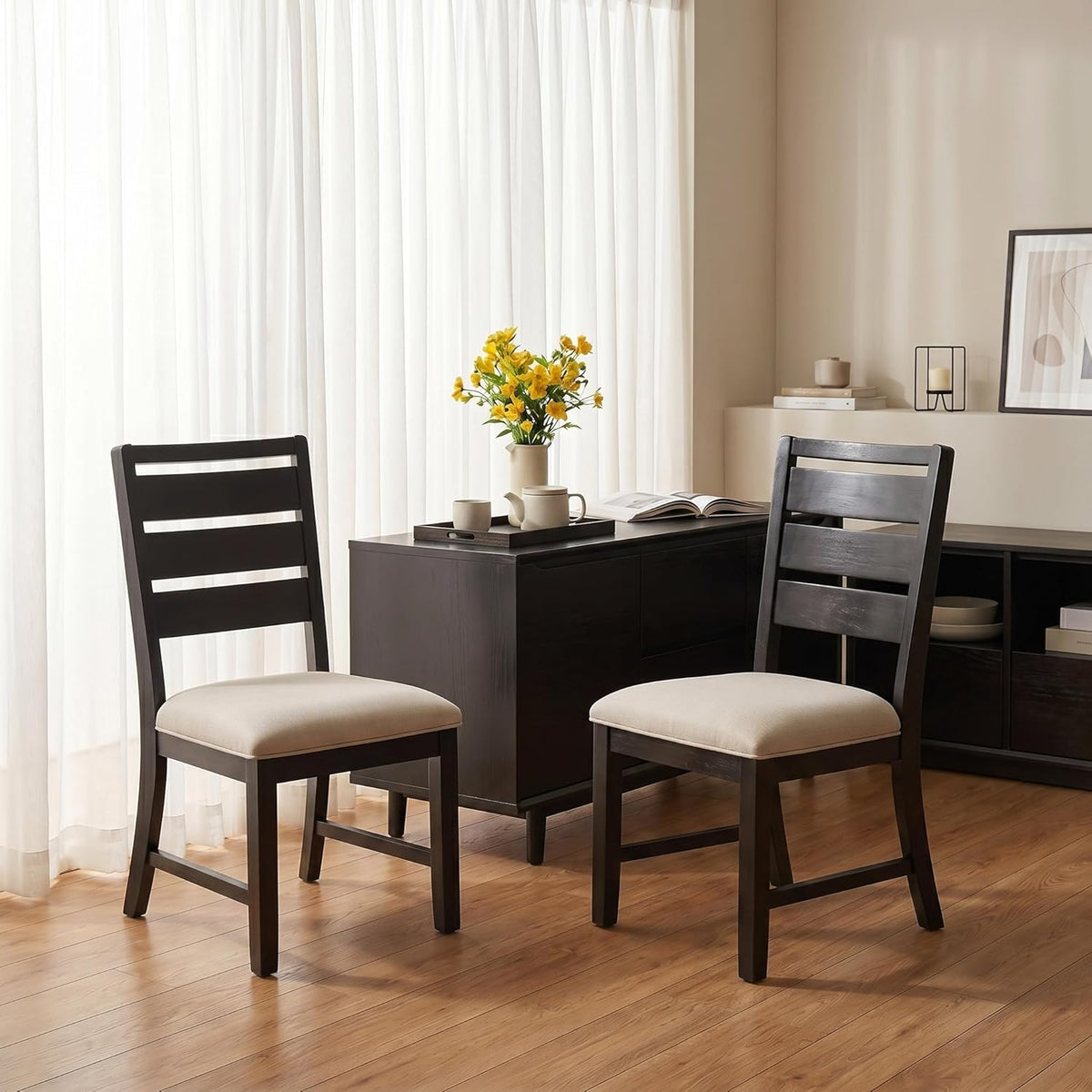 COLAMY Modern Dining Chairs Set of 4, Breathable Fabric Kitchen Chairs with High-Resilience Cotton Padding, Ergonomic Solid Wood Legs Accent Seating for Living Room 250LBS,Black