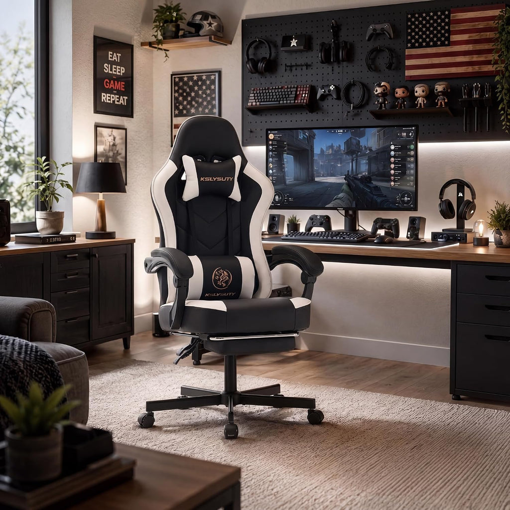 Desk Computer Gaming Chair - High Back Ergonomic Office Chair with Footrest and Lumbar Support, Swivel Comfy Home Gamer Video Game Chairs with Pocket Spring Cushion for Adults (White Leather)