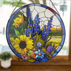Sunflower Lavender Suncatcher Stained Glass Window Hanging, 9.8'' Hand-Painted Floral Sun Catcher Window Wall Decor with Chain, Birthday Gifts for Mom Grandma Wife