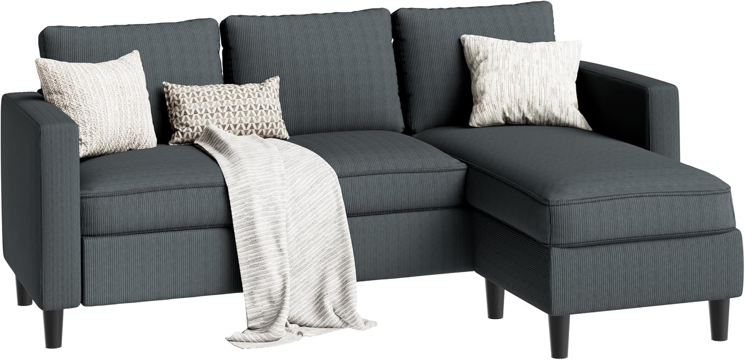 SUNLEI L-Shaped Sectional Couch, Modern Grey Reversible Sectional Sofa with Reversible Ottoman, 3-Seat Sectional Couches for Living Room and Apartment, Grey